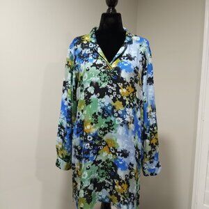 VIVANTE BLUE|GREEN PRINT LONG SLEEVE SHIRT DRESS | TUNIC WOMEN SIZE XL